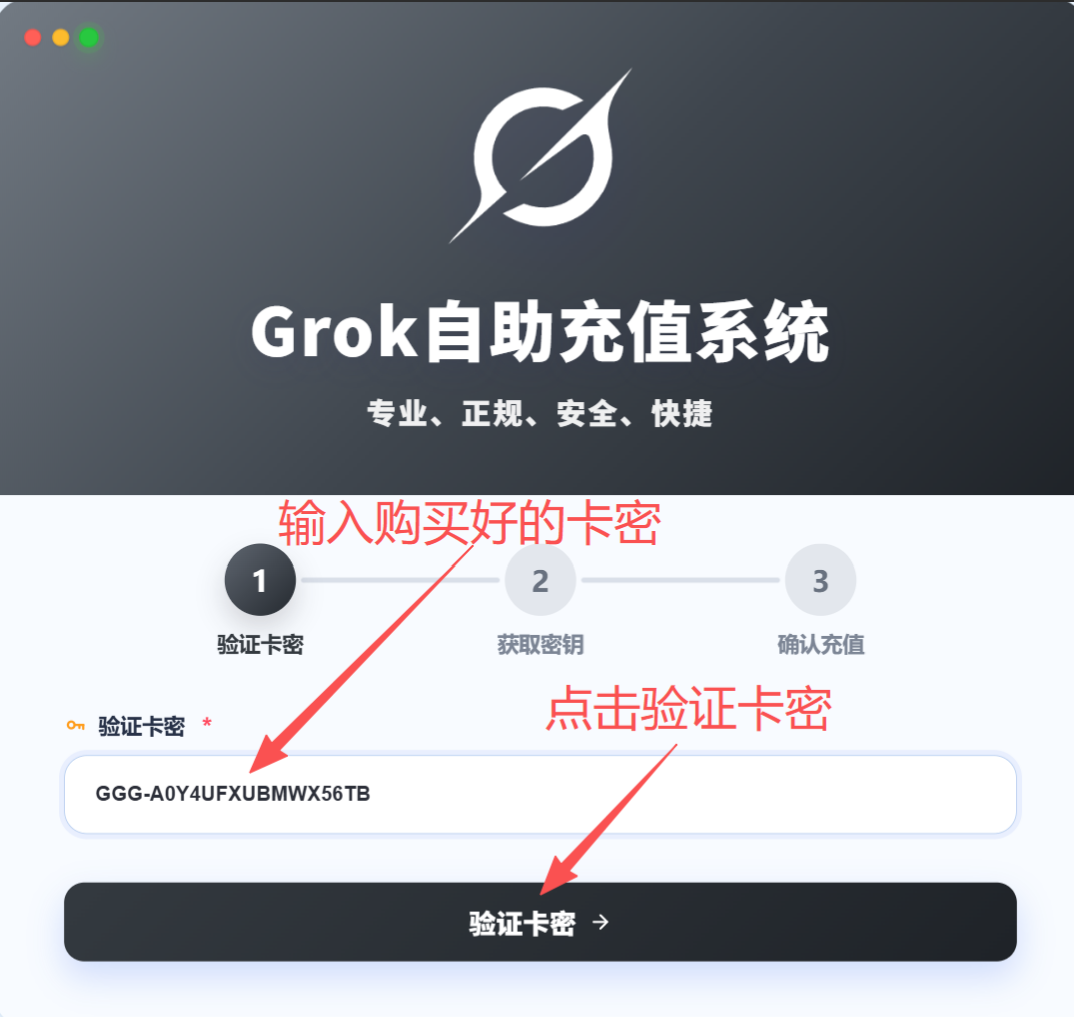 输入 Grok 卡密并点击验证卡密