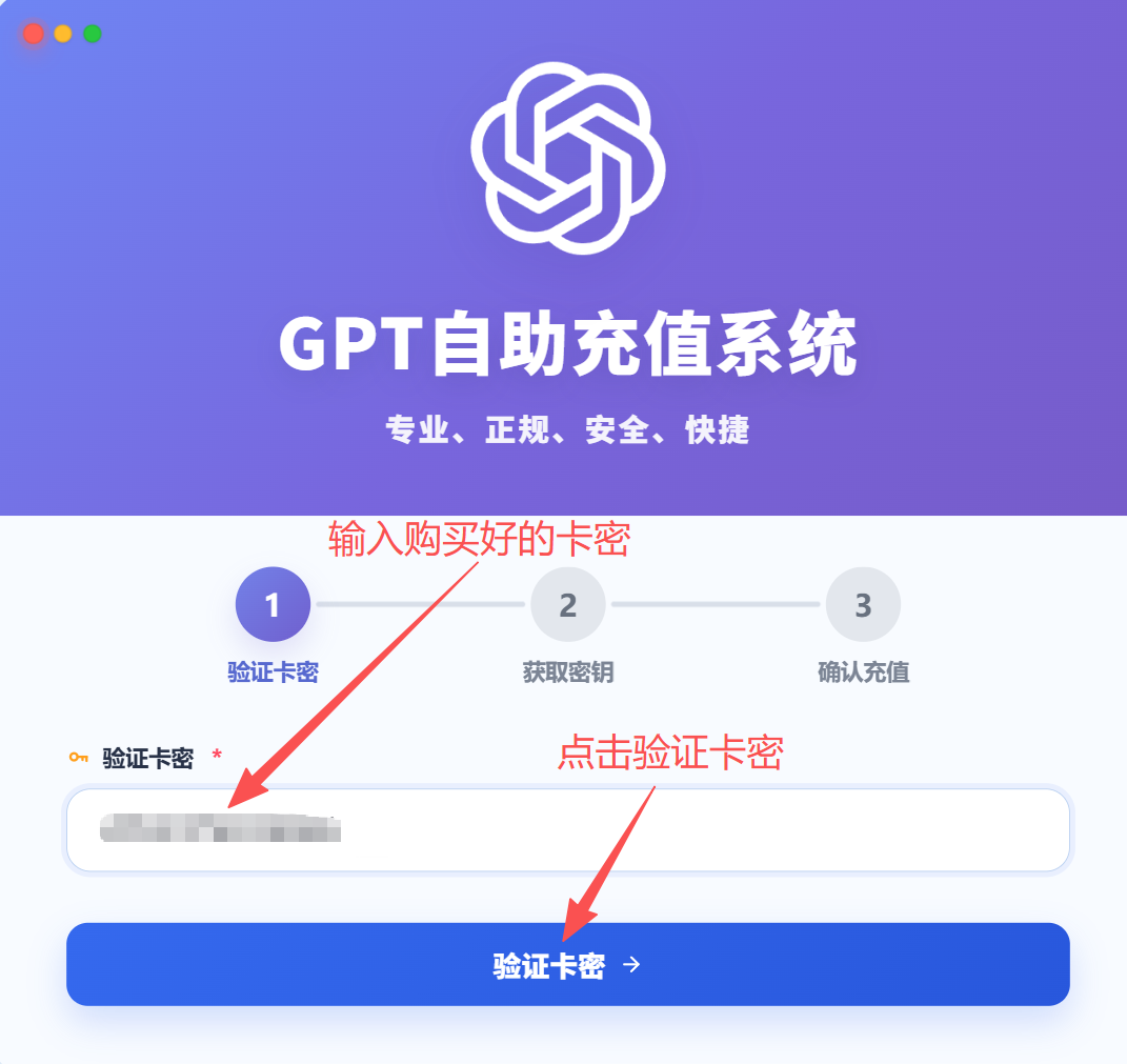 输入购买好的卡密并点击验证卡密